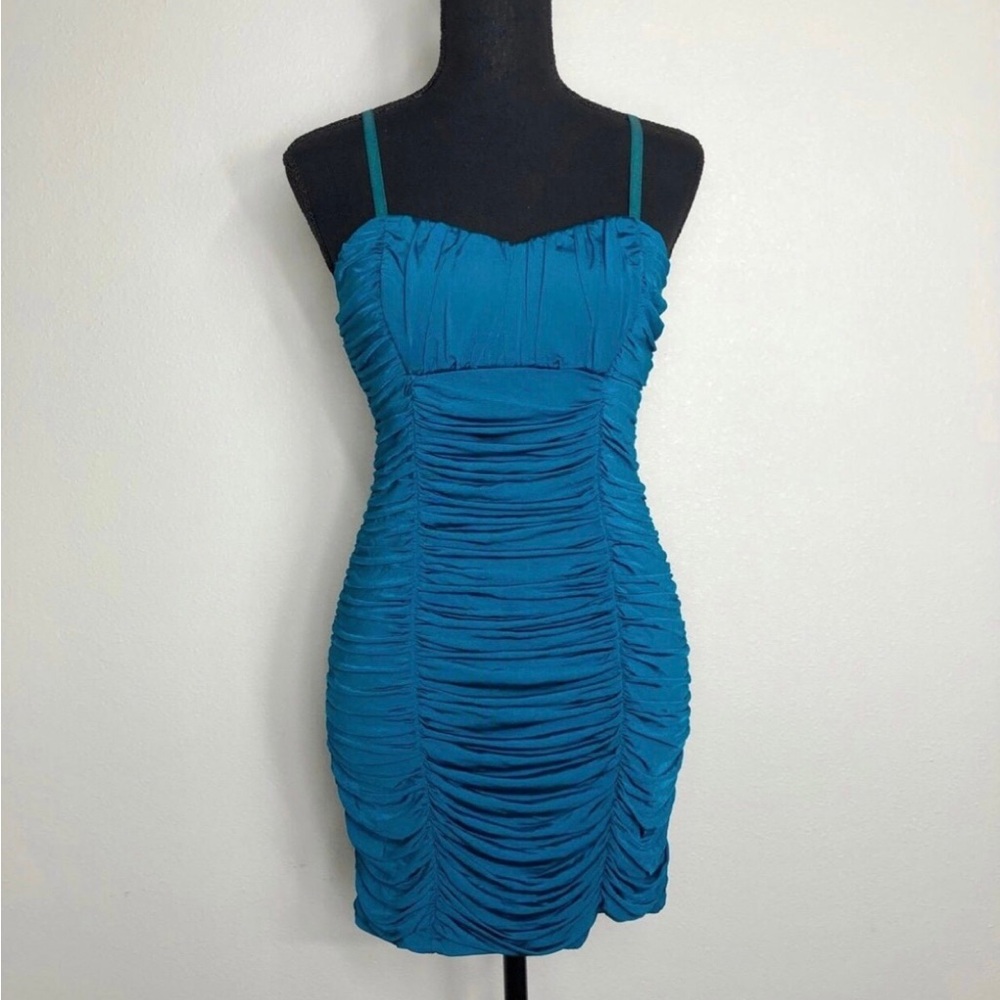 Bebe Peacock Teal Blue Ruched Cocktail Mini Dress NWOT